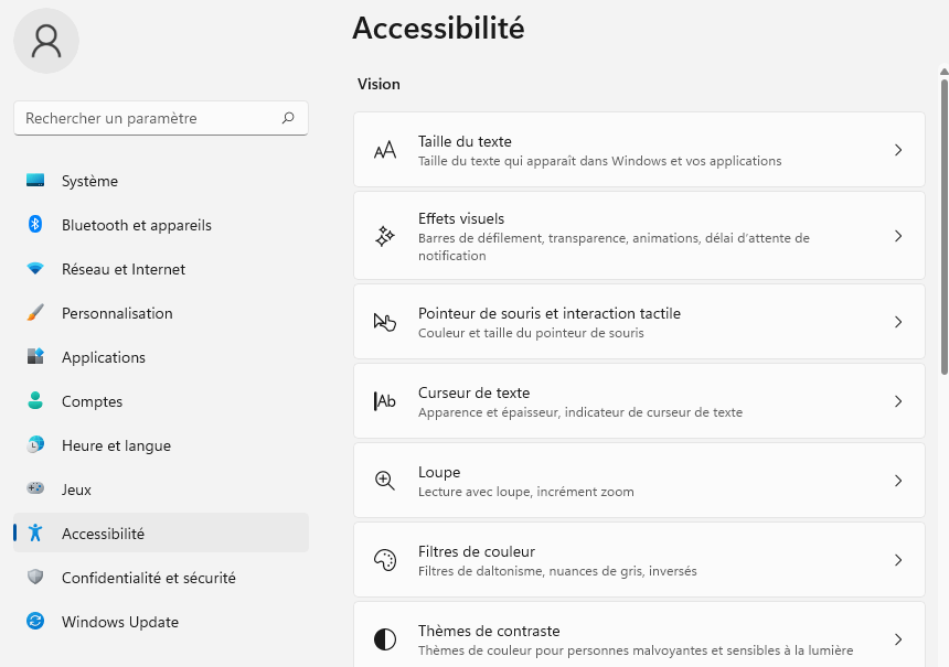 Capture d’écran des paramètres d’accessibilité de Windows - Description détaillée ci-après