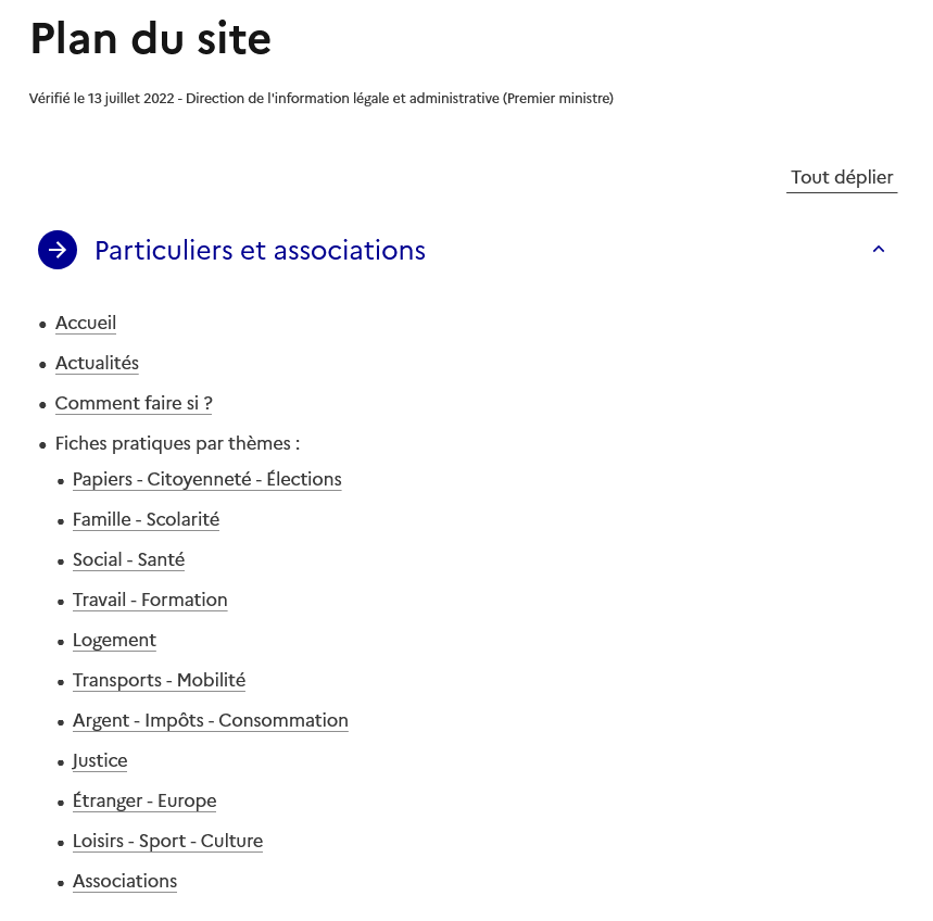 Page « Plan du site » contenant la liste des liens de premier niveau dans l’architecture du site (accueil, actualités, etc.)