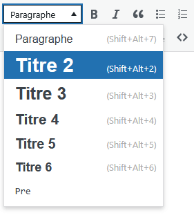 Une liste déroulante affichant la possibilité de mettre des titres de niveau 2 à 6.